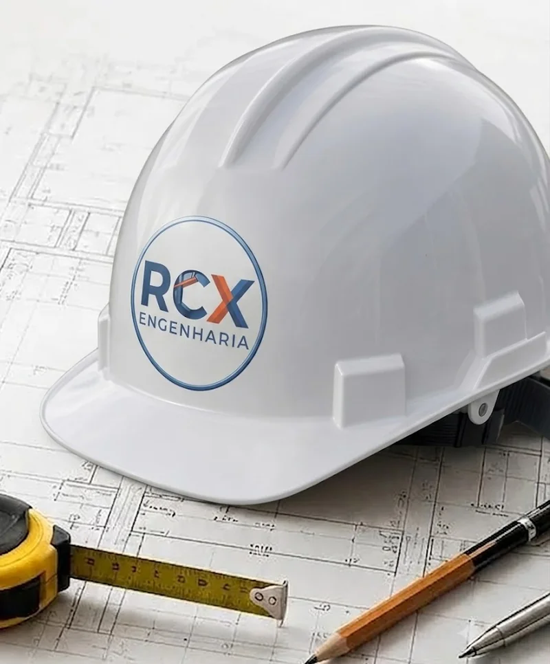 Capacete de obra da RCX Engenharia sobre projeto arquitetônico